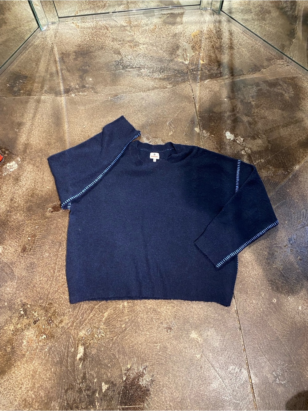 Sundry Navy Crewneck Sweater with Light-Blue Contrast Stitching